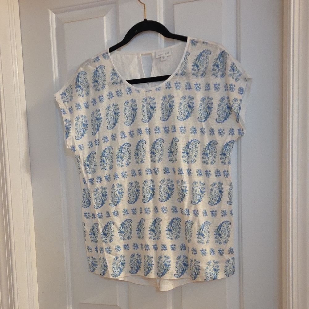 J. Jill White Linen Top with Light Blue Green Paisley Print  Xs